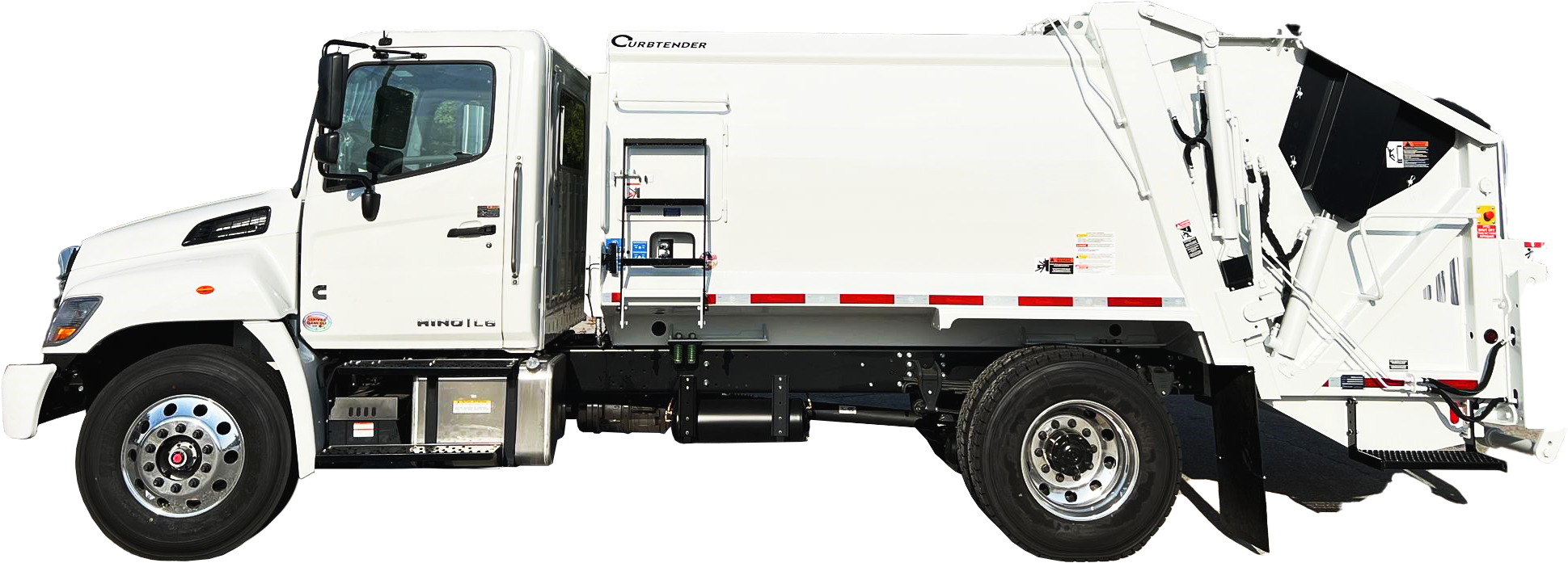White Hino refuse truck with a rear-loading body, designed for dependable waste and recycling collection routes.