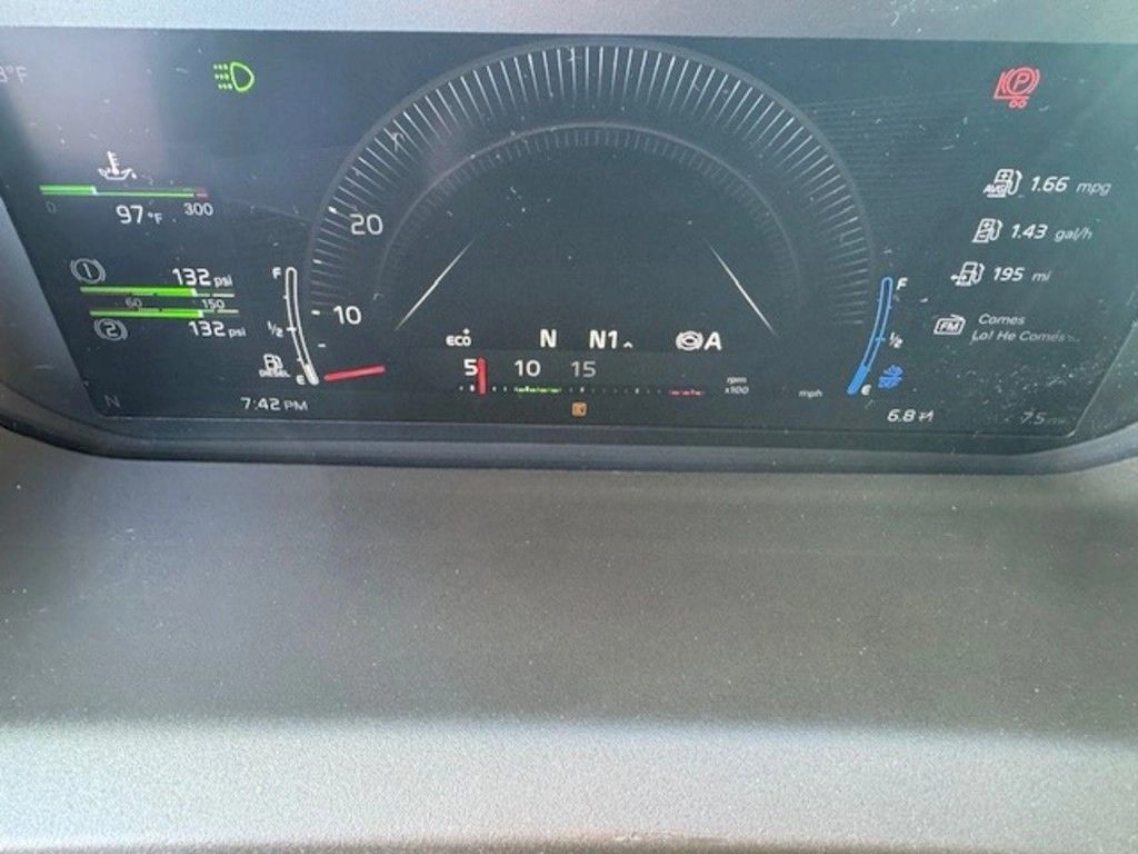 Volvo VNL digital instrument cluster showing speed, fuel, engine data and driver information displays.