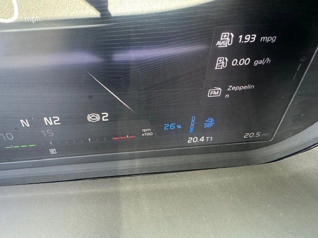 Digital instrument display in the Volvo VNL660 showing low mileage and driver information.