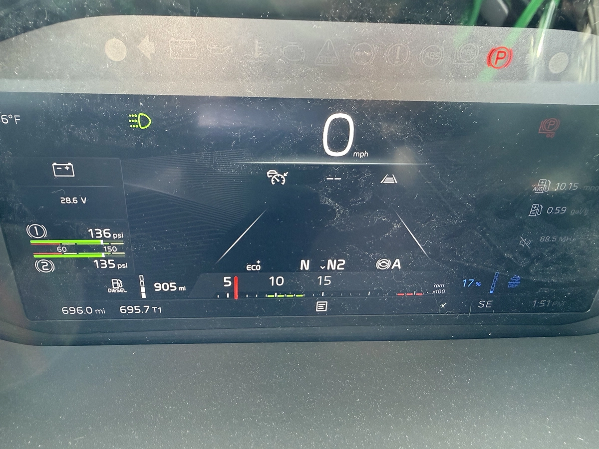 2027 Volvo VRN64 T300 truck dashboard showing numbers.