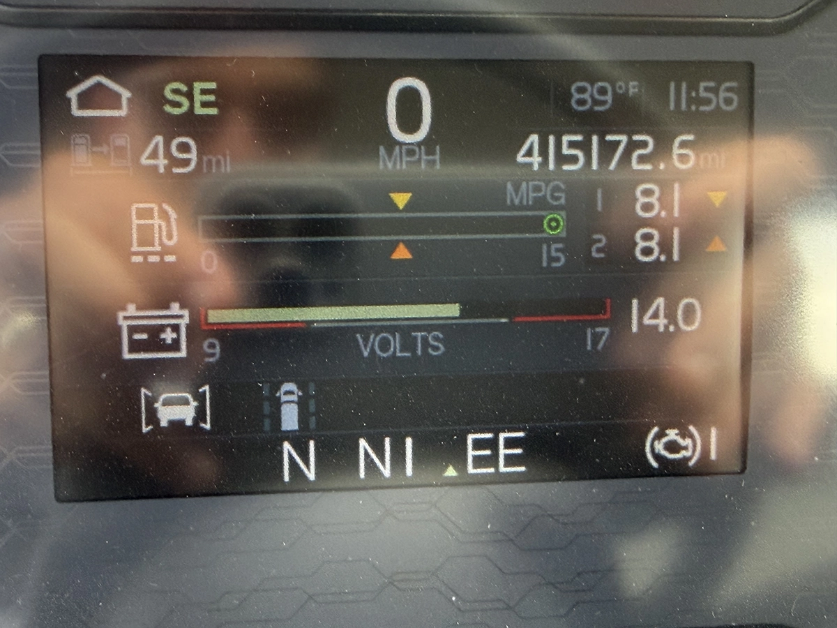 Close-up of the truck's digital instrument cluster display showing 0 MPH, an odometer reading of 415,172.6 miles, fuel level, MPG, battery voltage, and other gauges.