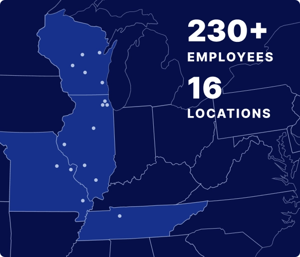 Gateway Truck & Refrigeration service area map highlighting locations across the Midwest, with text noting 230+ employees and 15 locations.